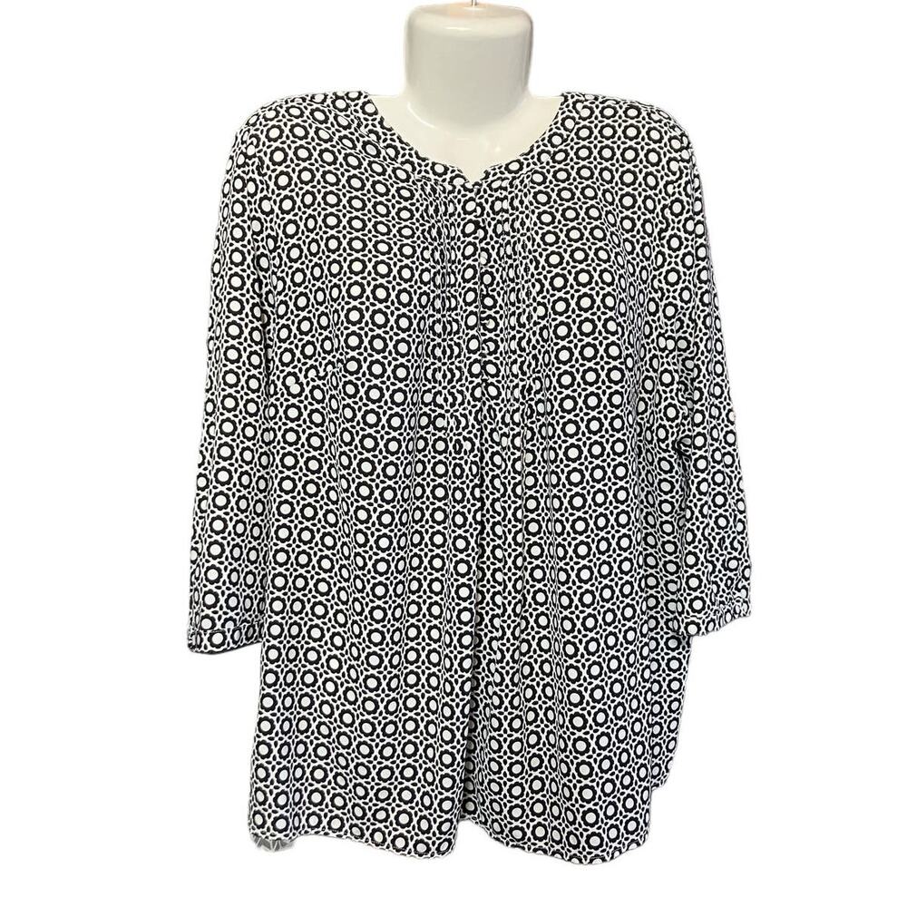 Croft & Barrow Women's White w/ Black Designs 3/4 Sleeve Blouse | Size 2X